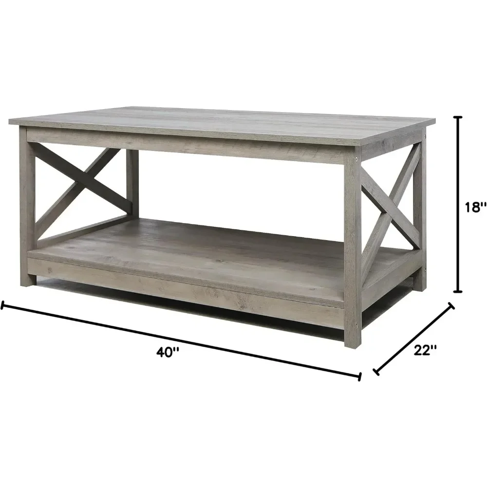 Coffee Table, Modern Farmhouse Wood Coffee Table with 2-Tier Storage, 40 Inch,