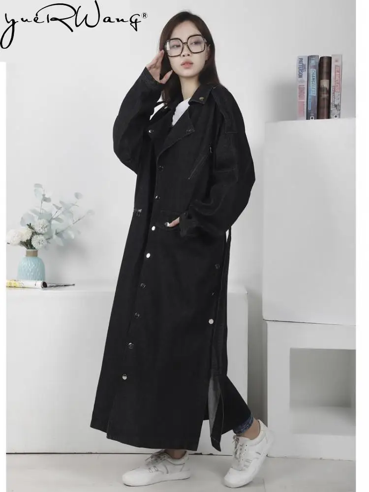 

yuerwang 2023 Spring Women denim Trench Coat oversized denim trench coat Fahion Ladies Windbreaker Loose Long Lace Up Overcoat