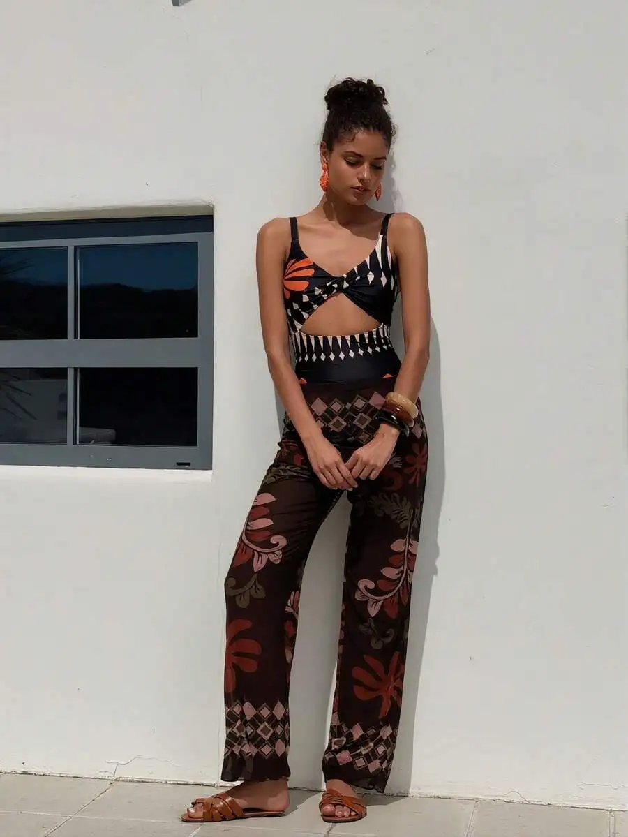Cutout Two Piece Swimsuit Set Women Retro Geometric Floral Print Wide Leg Sheer Pants