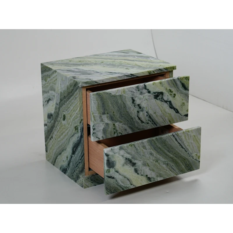 SH STONE Shangrila River Jade Marble Bedside Table Green Modern Bedroom Furniture Decoration Nightstand with Wooden Base Drawer