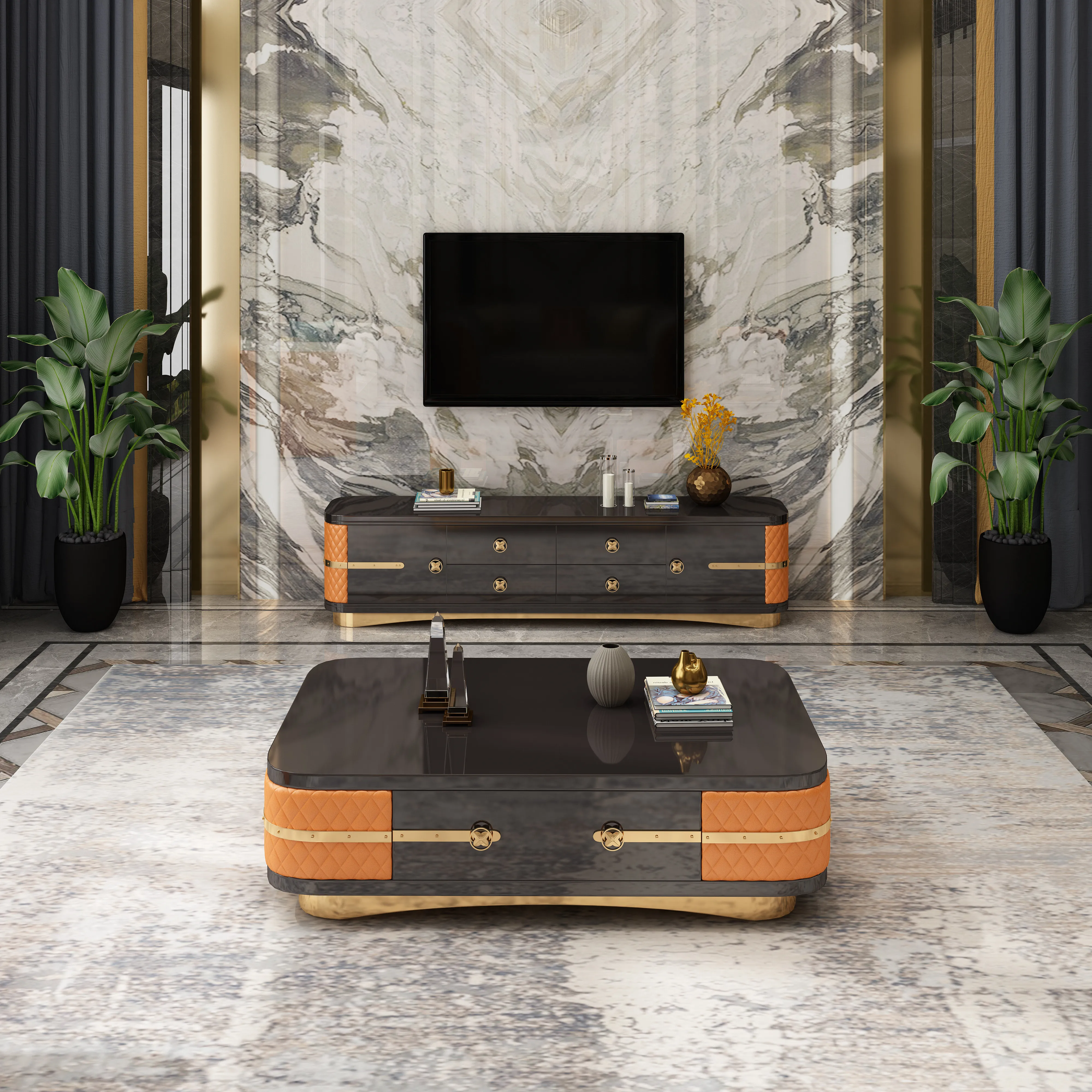 

Журнальный столик для роскошной гостиной с мраморной столешницей и каркасом из бука