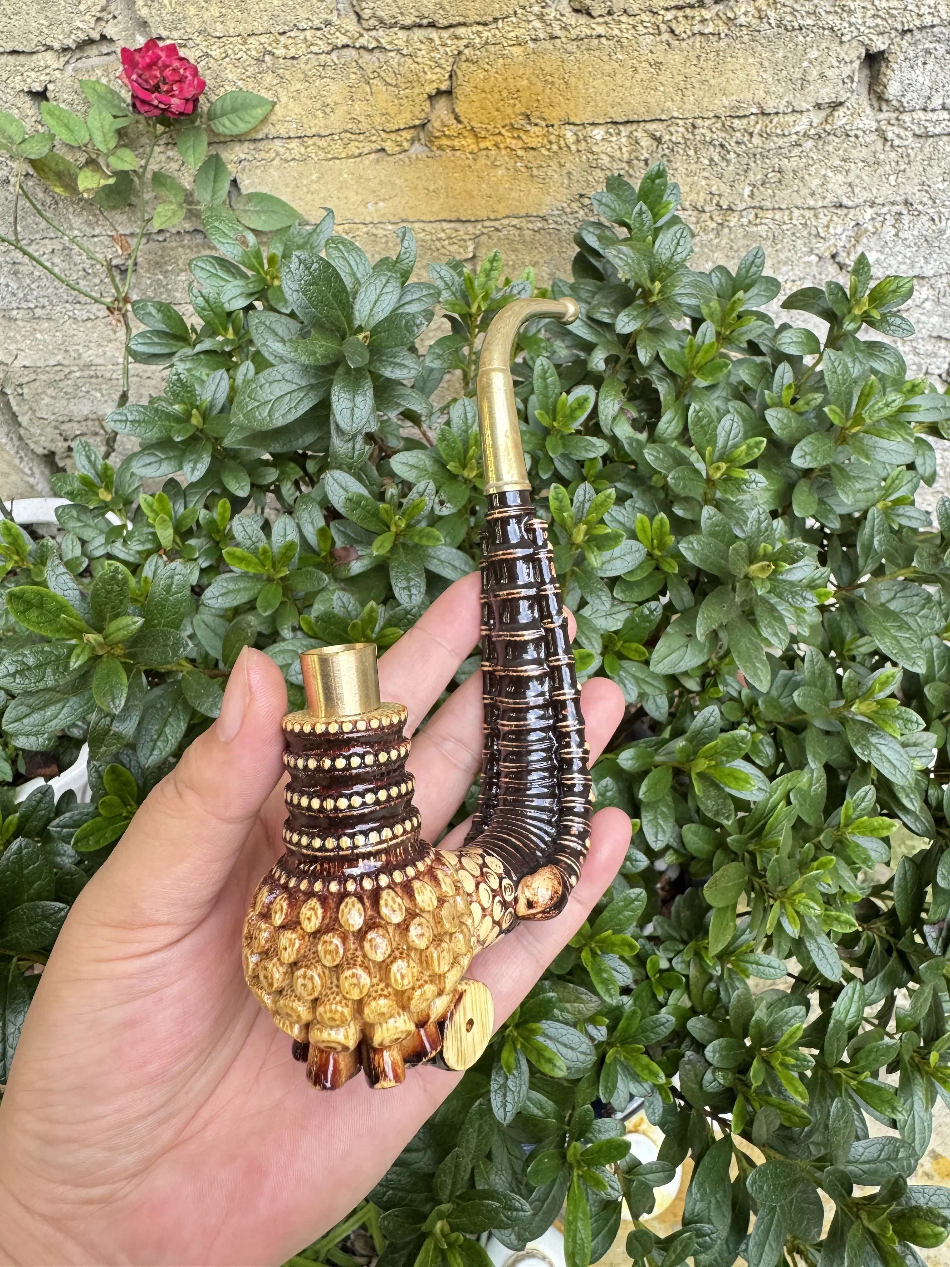 Guizhou Bamboo Carving Three-Pole Old-Fashioned Pipe Hand Pieces 19cm Three-Purpose Top of Lighter Elderly Gift Detachable