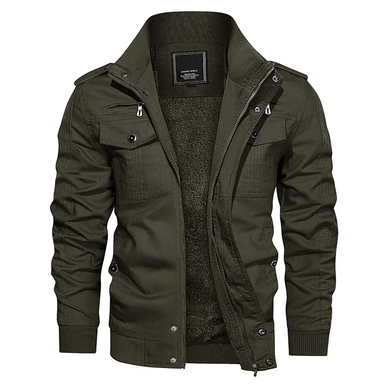 Men's Fleece Jackets Windbreaker Coats Fall Winter Thermal Jacket Multi-pockets Stand Collar Motorcycle Jacket