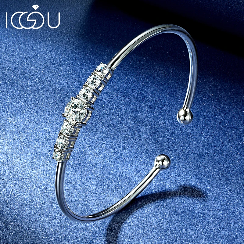 IOGOU Certified 1CT D-Color VVS1 Moissanite Cuff Bracelet for Women Real S925 Sterling Silver Cuff Bangle Wedding Jewelry Gift