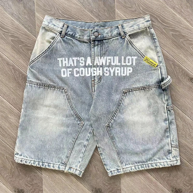 That's A Awful Lot of Cough Syrup Denim Shorts Letter Logo Printed Casual Washed Jeans - Image 2