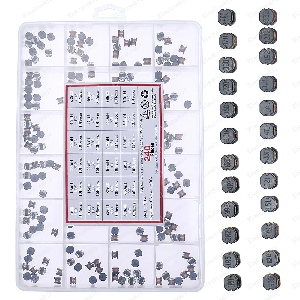 240pcs 24value CD54 SMD Power Inductance Box kit 2.2/3.3/4.7/6.8/10/22/33/47/68/100/220/330-680uH 1mH Wire Wound Inductance