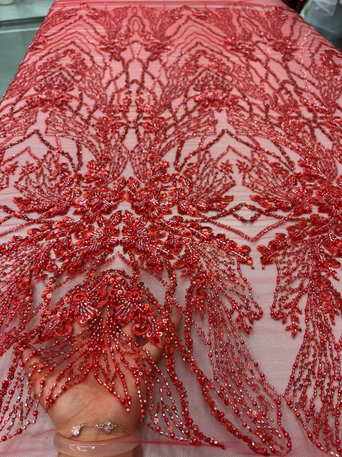

High-Quality Beaded Nigerian Sequins Lace Fabric Luxury African French Tulle for Wedding Dress Sewing