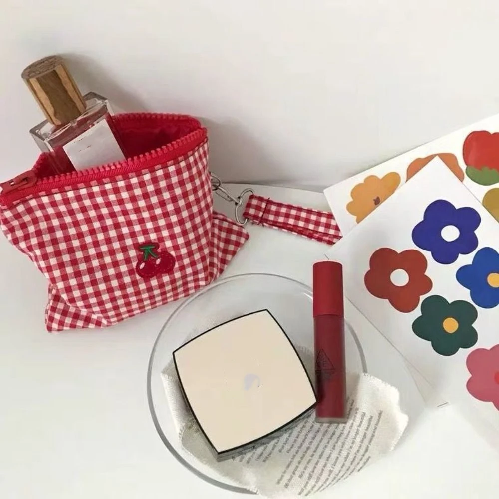 Korean Style Cherry Cosmetic Bag Large Capacity Toiletry Organizer Plaid Makeup Bags Stationery Bag Pouch Canvas Coin Purse Men