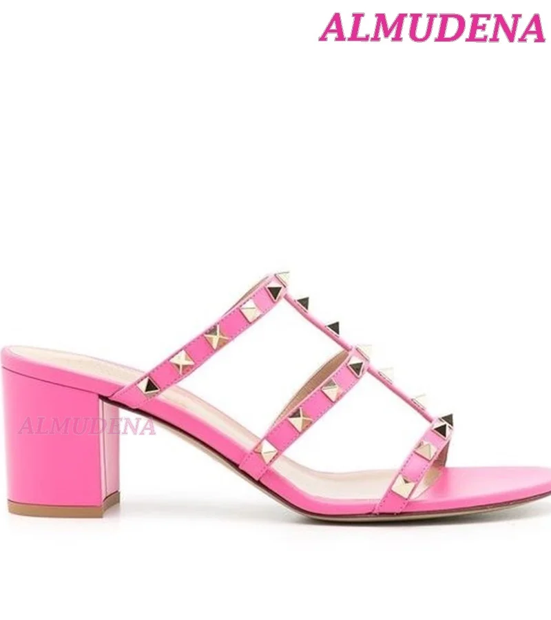 Rockstud Block Heel Leather Sandals Colorful Straps Mid Heels Slippers Women Summer Luxury Designer Party Office Dress Shoes