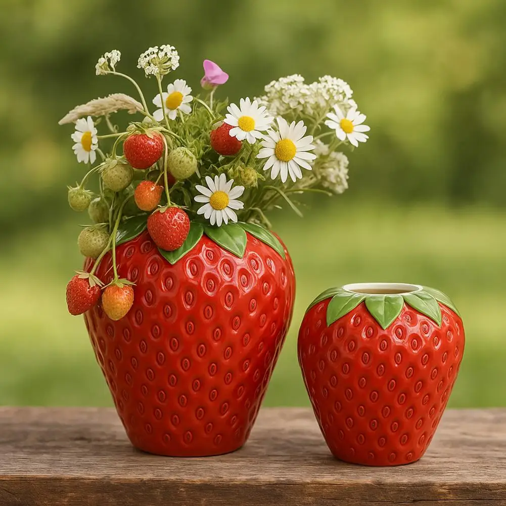 

Durable Ceramic Flowerpot Strawberry Shaped with Drainage Hole Plant Pot Cute Decorative Planters for Home Office Decor