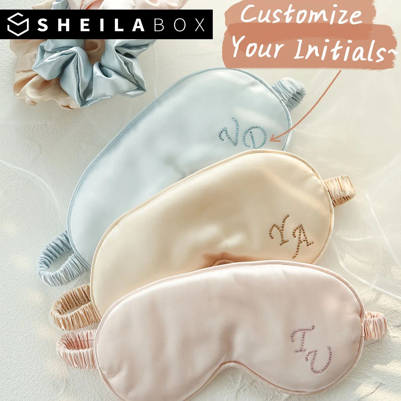 Antifaz de Seda Suave Sheilabox con Iniciales Personalizadas, Antifaz Oscurecedor con Correa Ajustable, Set de Antifaz y Coletero, Regalos