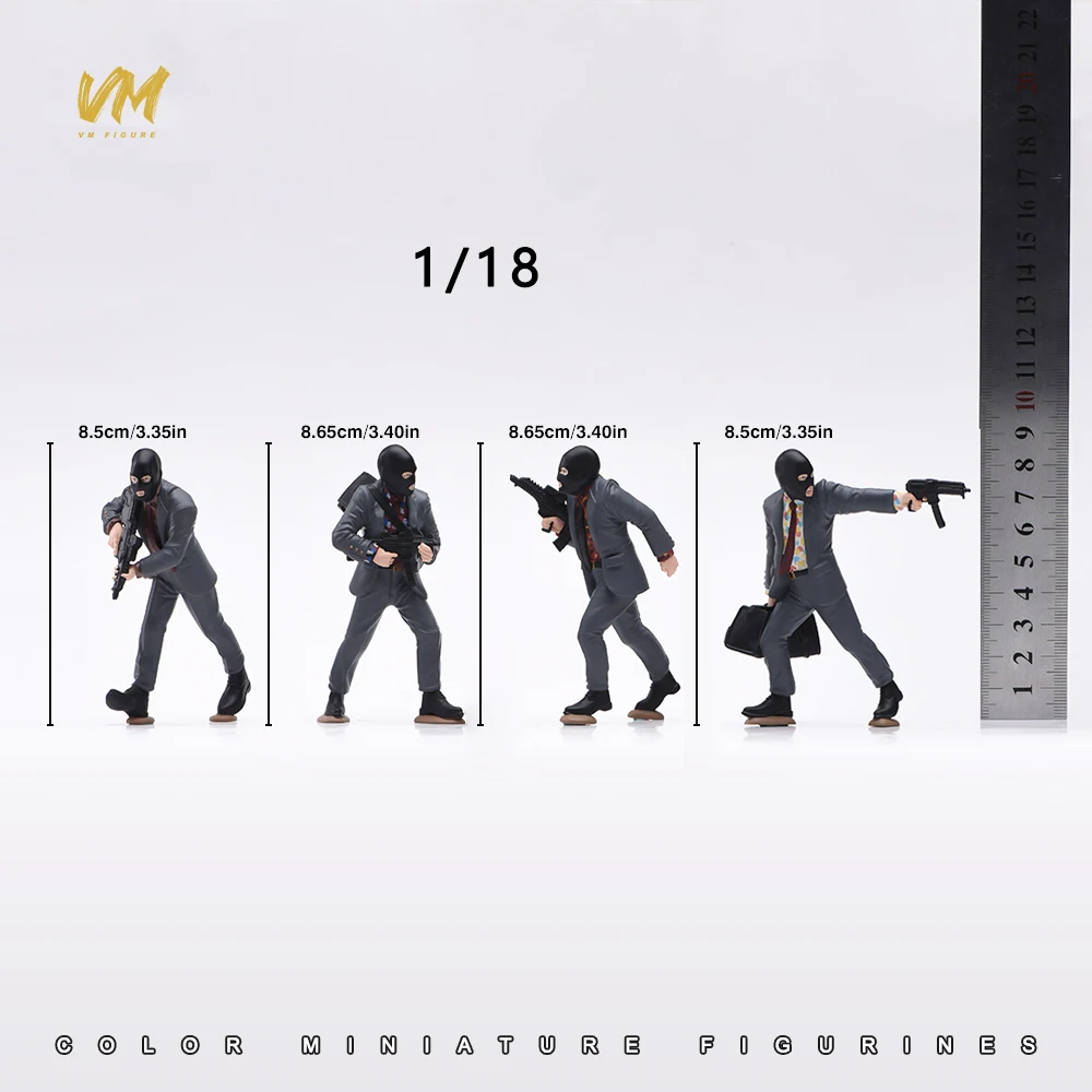 Painted Miniature 1/87 1/64 1/43 1/24 1/18 Masked Armed Robber With Backpack Hold Guns Men Mini Doll Figure 3D Street Scene Prop