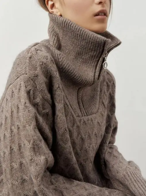 

Autumn and Winter 2025 Women Casual Simple Solid Color High Neck Zipper Design Diamond Jacquard Loose Knit Long Sleeved Sweater
