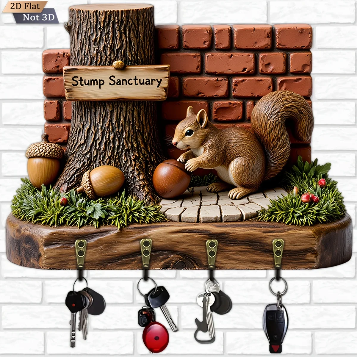 2D Flat, 1pc, Fairy Tale Town Cottage Key Hook Wooden Multifunctional Home Key Holder with Four Metal Hooks, Wall Decoration,