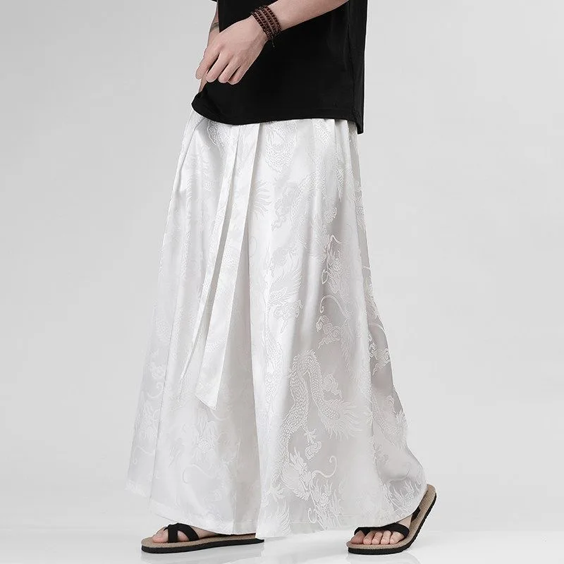 Men Dragon Jacquard‌ Print Chinese Style Loose Skirt Pants Male Ice Silk Big Size 5XL Drape Breathable Summer Pantalon Trousers