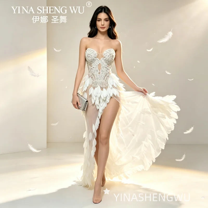 High Split 3d Designer Custom Pearl White Fishtail Dress See Outfit Performance Drag Queen Dance Stage Catwalk Show