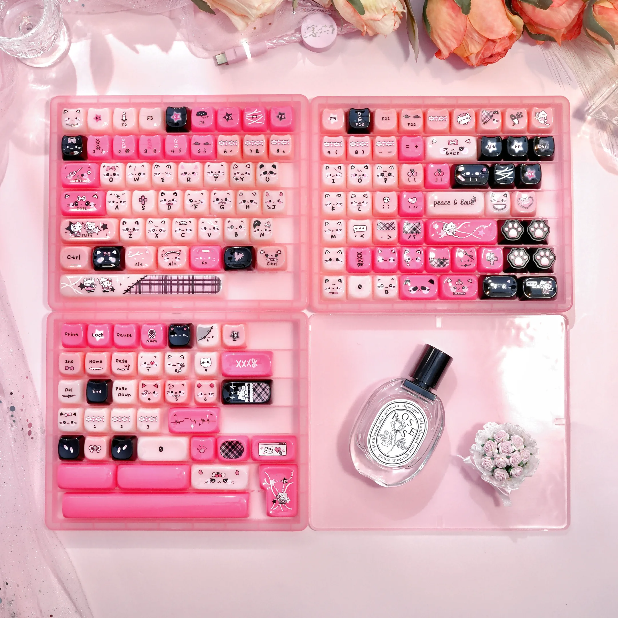 140 Keys Cute Black Pink Cat Theme Keycaps MAO Keycaps PBT Pink Key Gift DYE-SUB Mechanical Keyboard for Made68 Mad68 Wooting 60