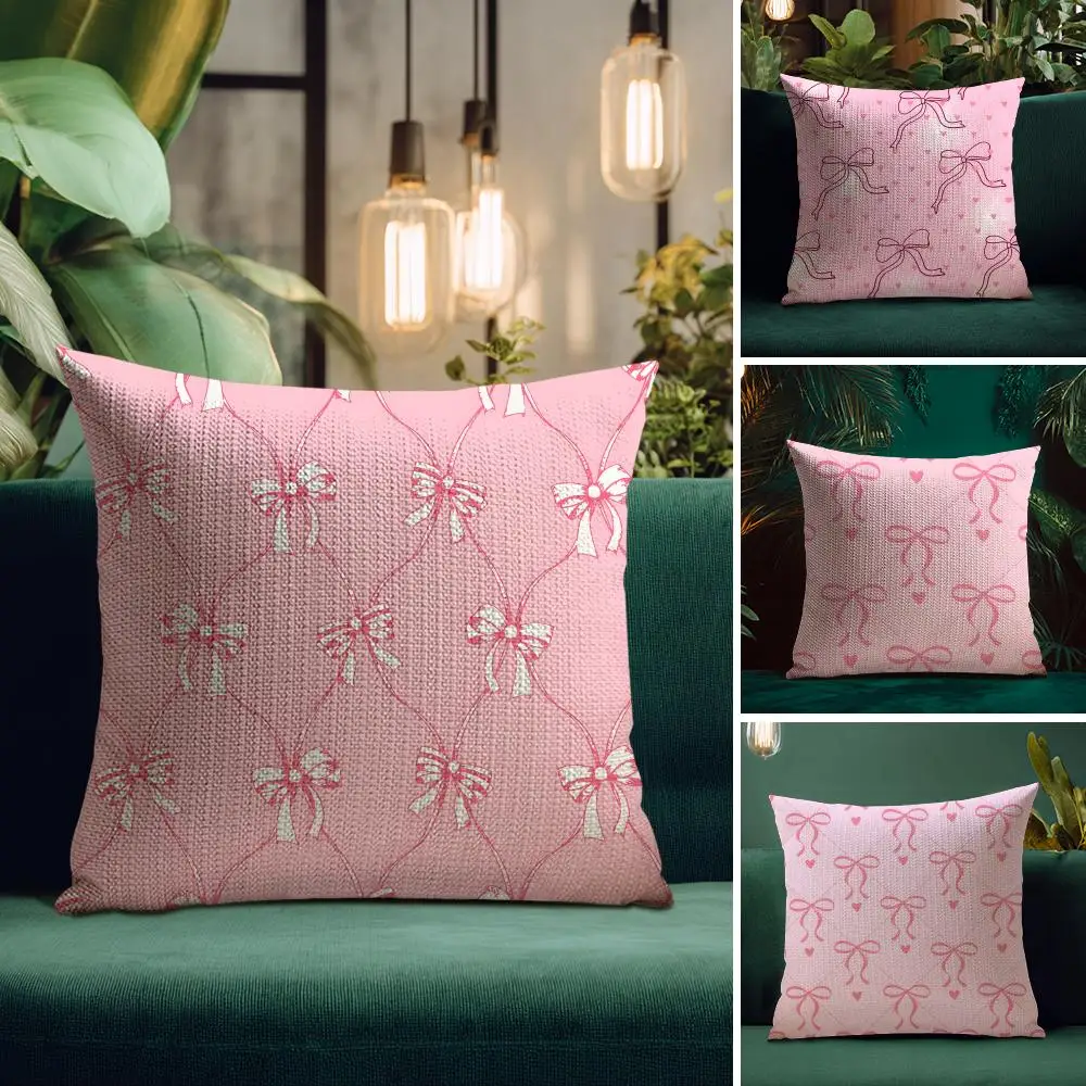 Cute Pink Bowknot Cushion Cover Natural Linen Pillow Case Double-Sided Print Decorative Sofa Pillowcase Home Decor Gift