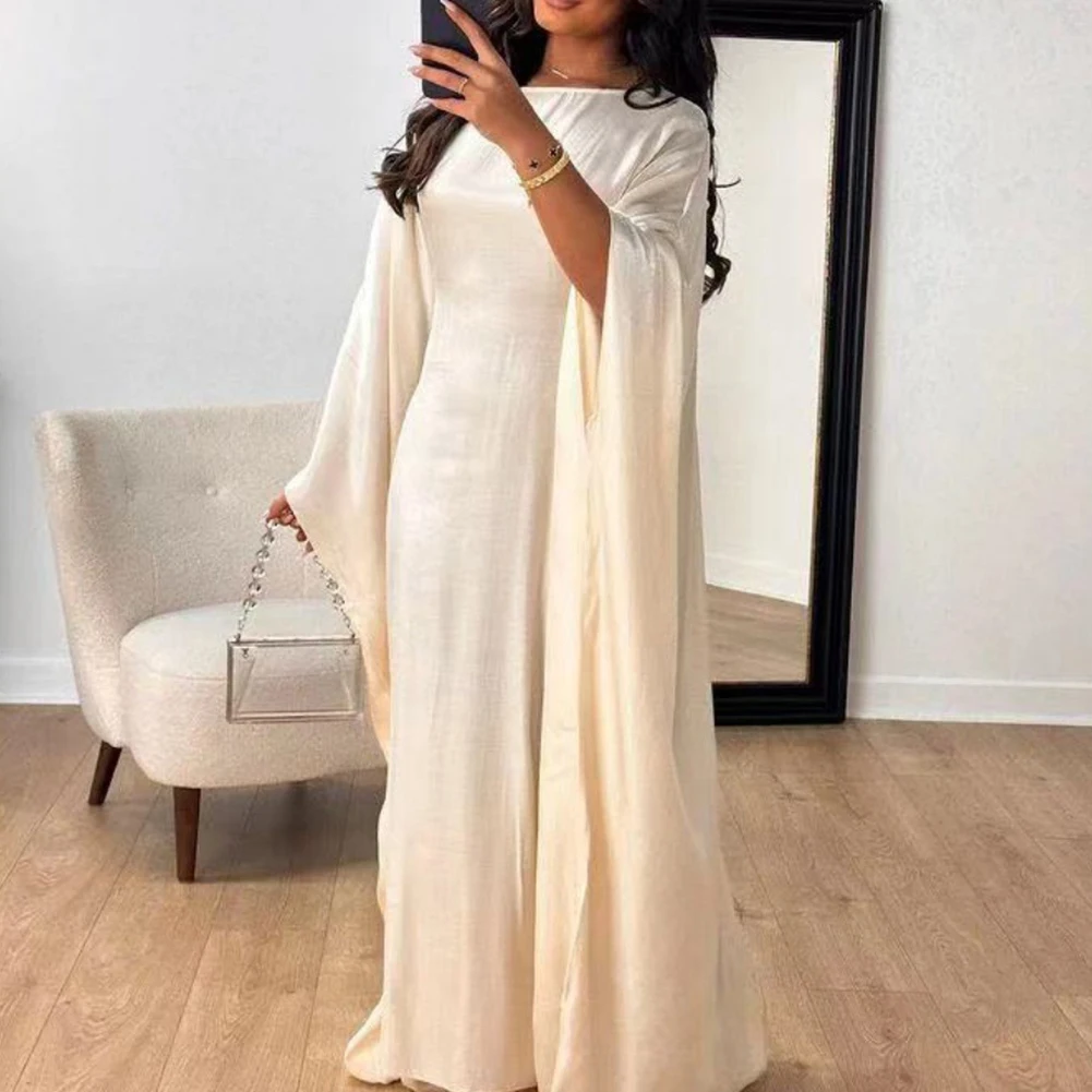 Women Dress 1pc Batwing Sleeve Comfortable For Spring/Summer Long Dress Muslim Robe O-neck Oversized Sparkling