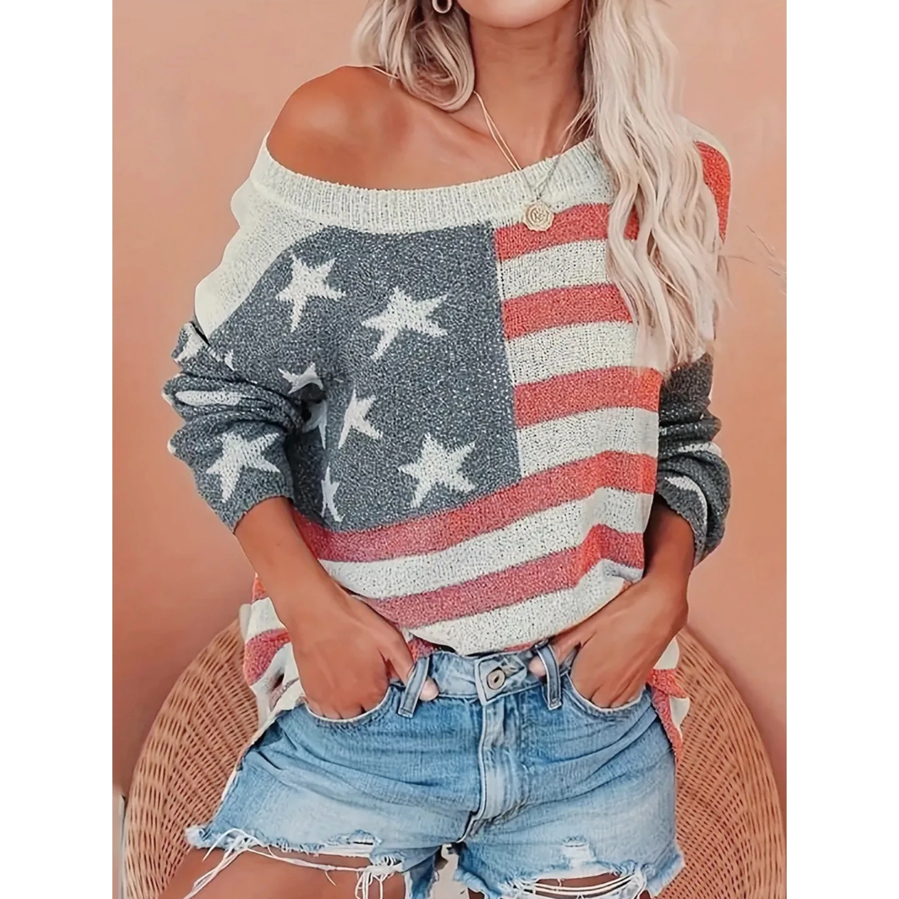 Women's Long Sleeve Knitted Sweater National Flag Design Casual Style Spring Summer Season Fashionable Top Quality Material