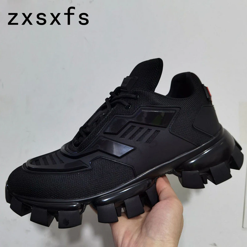 Zapatillas de malla con suela Ridged para hombre, zapatos informales de pasarela, Color negro, zapatillas de fondo grueso, zapatos para caminar