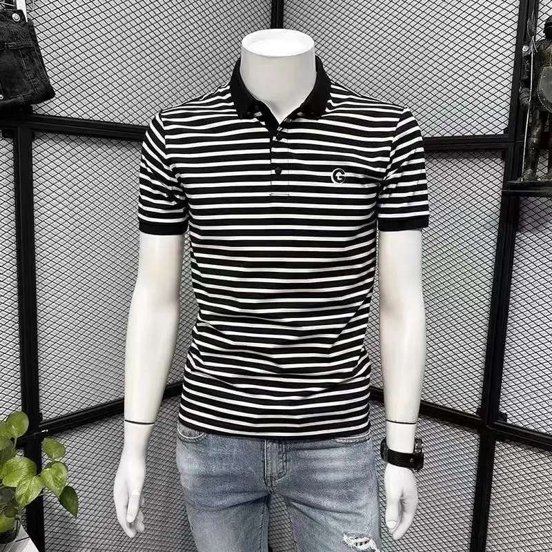 Mens with Collar T-shirt Striped Skinny Male 100℅ Cotton Polo Shirts Chic Men's Clothing 2025 Slim Fit Cheap Clothes Hot Vintage