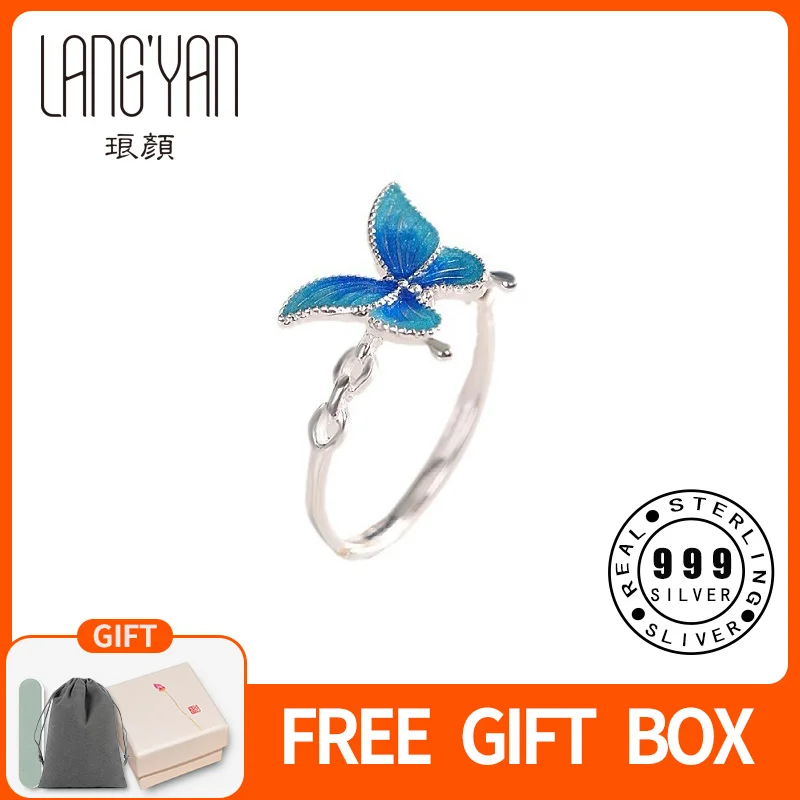 

Langyan Real 999 Sterling Silver Butterfly Rings Jewelry for Women Simple lovely Enamel Insect Finger Ring Adjustable JZ179