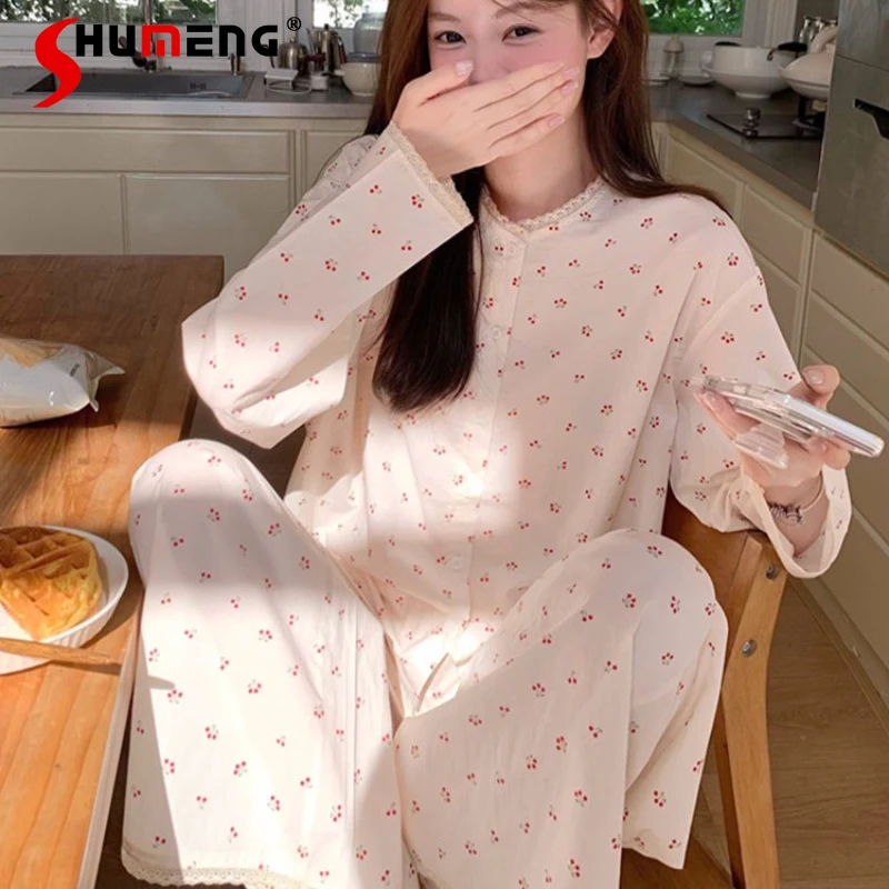 

Весенне-осенний хлопковый женский пижамный комплект: кардиган с круглым вырезом, длинные рукава, длинные брюки, японский принт, кружево, домашняя одежда