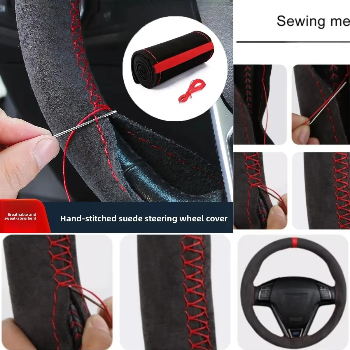 NEW Car Steering Wheel Cover Soft Wear-Resistant Comfortable Wear Resistant Universal Hand Sewing Black Suede Leather Braiding