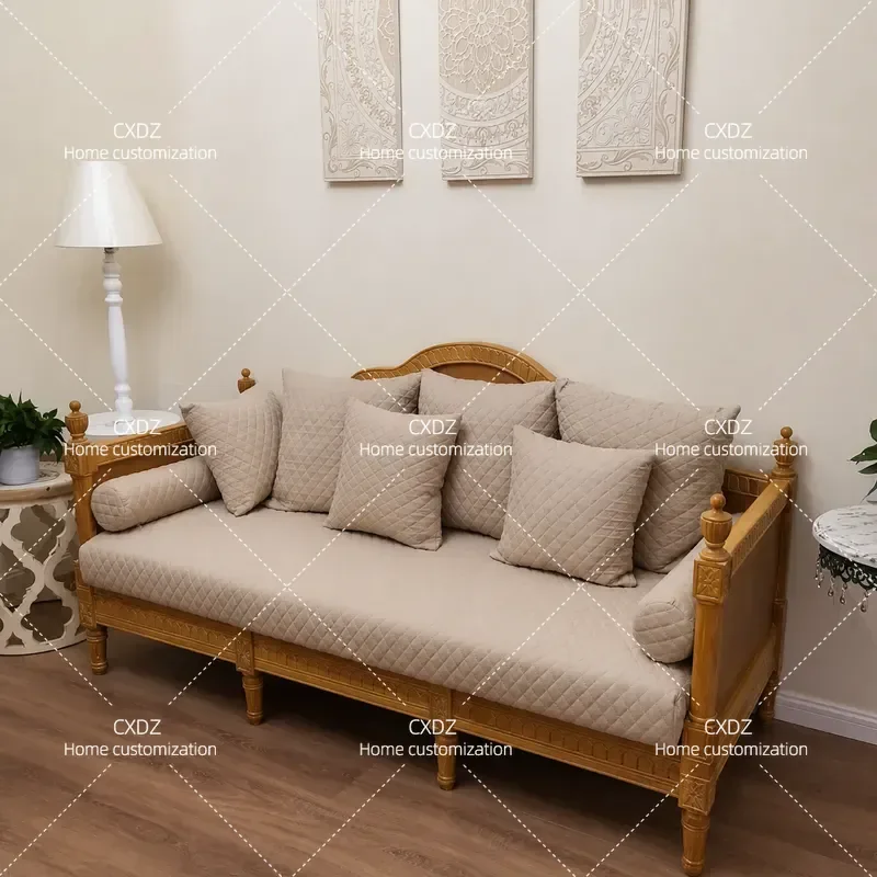 Rustic Oak Three Seater Sofa Solid Wood Retro Living Room Sofa Bed Villa Fabric Furniture