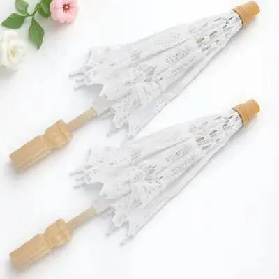 

2pcs Cotton Cloth Umbrella White Lace Parasol For Wedding Photography Prop Bride Costume Accessory Wood Handle Tea Party Decor