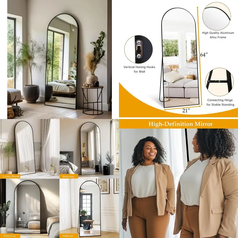 Grote staande vloerspiegel met standaard, gebogen spiegel over de volledige lengte voor slaapkamer, leunende of ophangopties