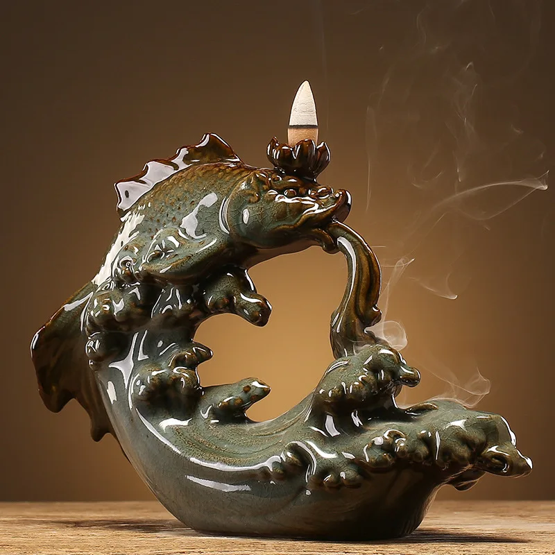 Ge Kiln Backflow Incense Stove Fish Leaping Dragon Gate Incense Stove Household Indoor Reflux Incense Ceramic Decoration