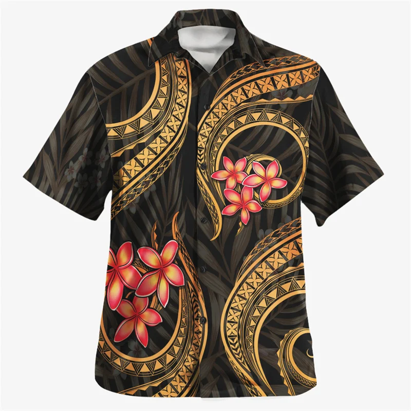 Hibiscus Plumeria Flower Pattern Hawaiian Shirts Men Polynesian 3d Printed Blouse Tops Short Sleeves Loose Lapel Button Shirt