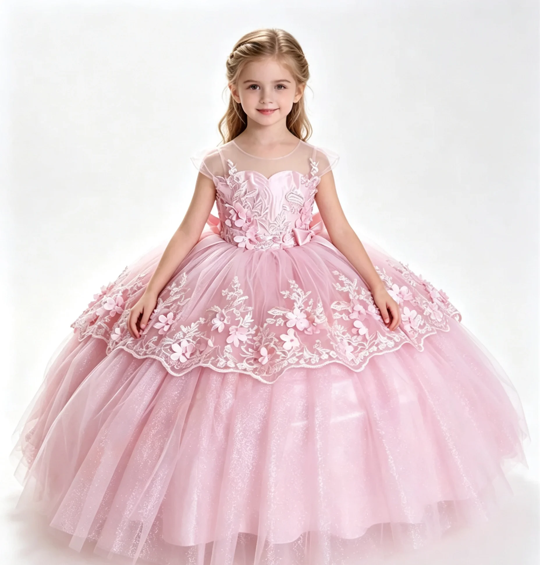 Luxury Custom Flower Girl Dresses for Wedding Sheer Neck Lace Applique with Bow Girls Birthday Dress First Communion Ball Gown