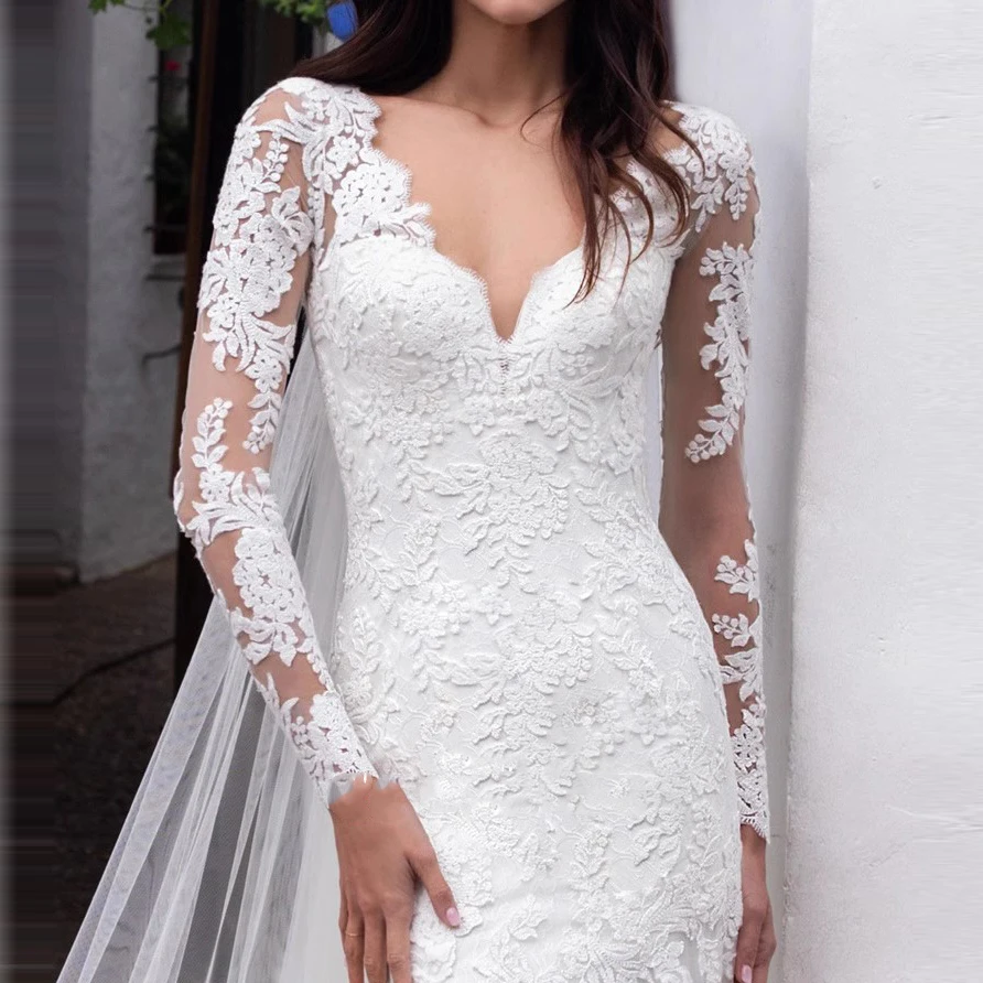 Vestidos De novia franceses con cuello en V, Vestido De sirena De manga larga, Vestido De novia elegante con apliques De encaje, Vestido De novia De talla grande