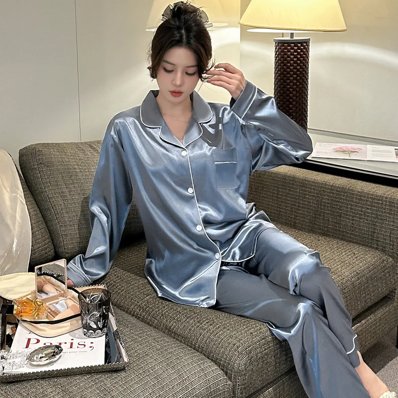 New Ladies Two-Piece Pajamas Casual Simulation Silk Homewear Spring And Autumn Summer Homewear Ice Silk Cardigan Set Pajamas