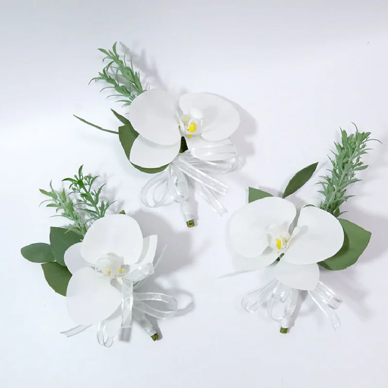 Boutonniere y Corsag de muñeca, suministros de boda, banquete, invitados, flores simuladas, novia y novia, orquídea Phalaenopsis blanca, 451