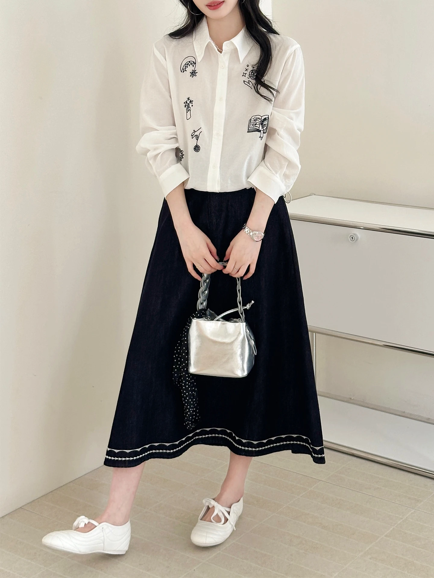 

SweetAnnie Sugar Anne Women's Cotton Blend Embroidered Collar Drawstring Shirt And Denim Skirt Two Piece Set Spring Fashion