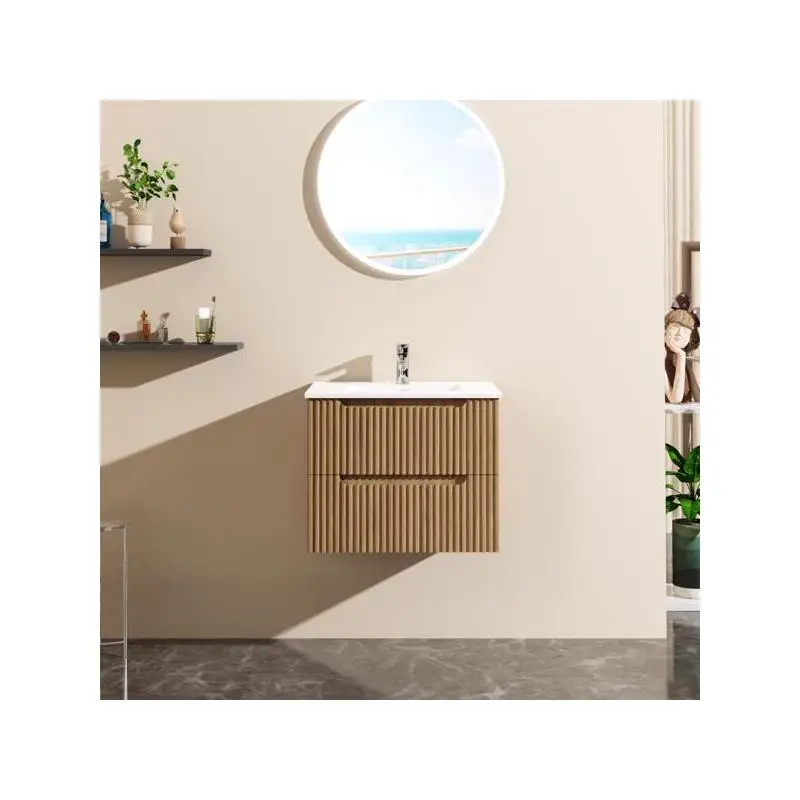 

24" Wall-Mount Bathroom Vanity Cabinet with White Basin Sink Combo, Floating Walnut Finish