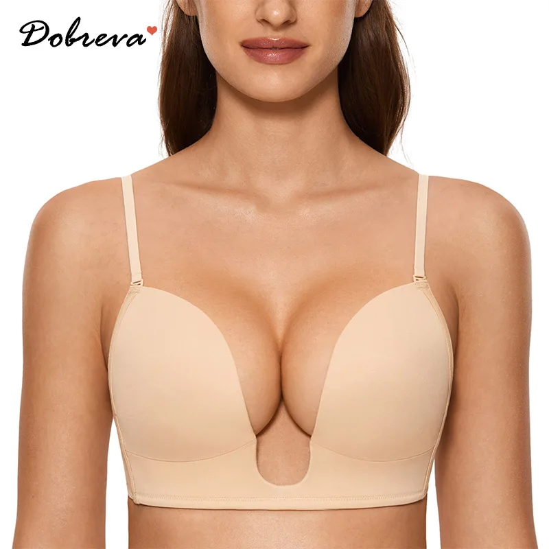 DOBREVA Women's Plunge Bra Deep U Push Up Cleavage T Shirt Padded Bras Low Cut No Underwire Multiway Full Coverage Seamless