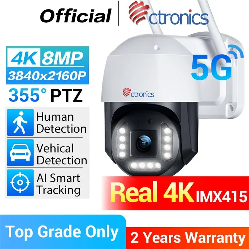 Ctronics Real 4K 야외 감시 카메라 5Ghz Wifi 8MP 3840x2160P 풀 컬러 야간 투시경 보안 IP 카메라 360 자동 추적