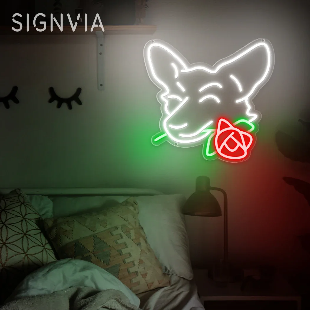 

Dog and Rose Neon Sign LED Valentine's Day Confession Gifts Decoration Light Engagement Bedroom Neon Sign Board Art Wall Decor