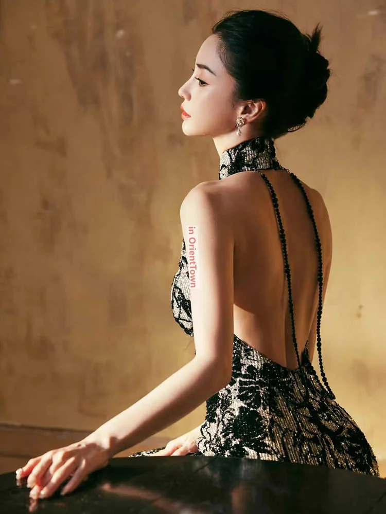 향상된 치파오 저녁 복장 중국 스타일 매달려 목 아침 가운 신부의 물고기 꼬리 복고풍 올드 상하이 블랙 드레스 TP062