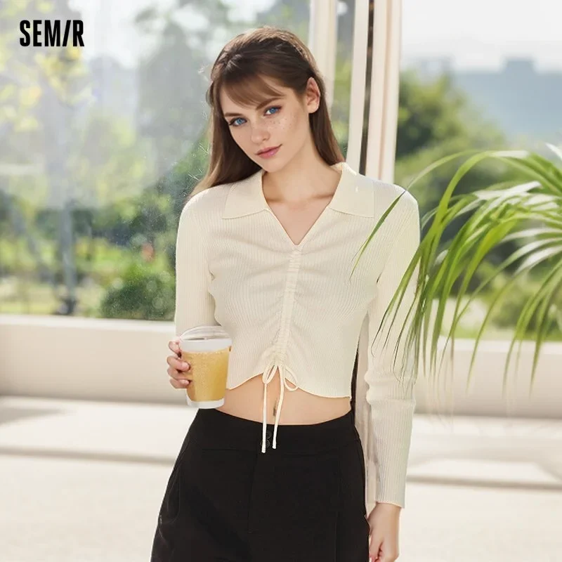 Semir 2024 Sweater Women Short Solid Color Machine Drawstring Spring New Polo Collar Slim Sweater Tops