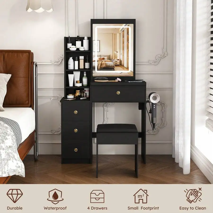 29.13'Black LED Vanity Desk With 4 Drawers, Open Storage Shelves, Makeup Table With Hair Dryer Holder Power Socket & Dressing Ch