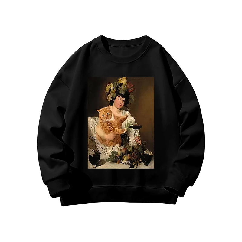 Hoodies Frauen Katze Ölgemälde Gedruckt Lustige Grafik Pullover Sweatshirts Langarm Casual Schwarz Tops Harajuku Kleidung 2025