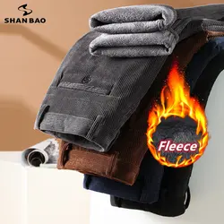 SHAN BAO winter brand fleece thick warm high-quality corduroy pants business casual men's fit straight high waist trousers