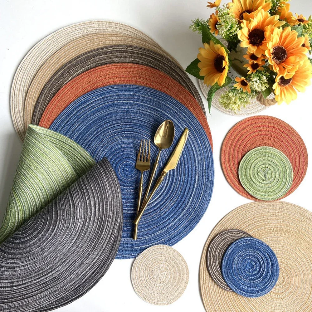 Round Table Mat Woven Ramie Placemats Anti Slip Dining Table Mats Non-Slip Tableware Bowl Pads Kitchen Drink Cup Coasters