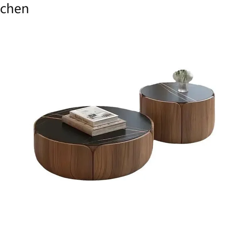 W5.19 Solid Wood Coffee Table Set for Home Living Room Small Apartment Rock Slab Round Coffee Table TV Simple Modern view 5